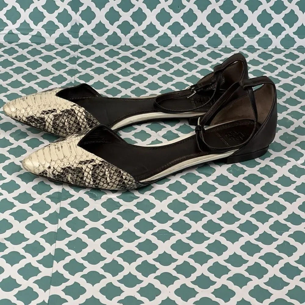 Tory‎ Burch Women’s V-Cut Ankle Strap Pointy Toe Flats Snake Skin Size 8.5